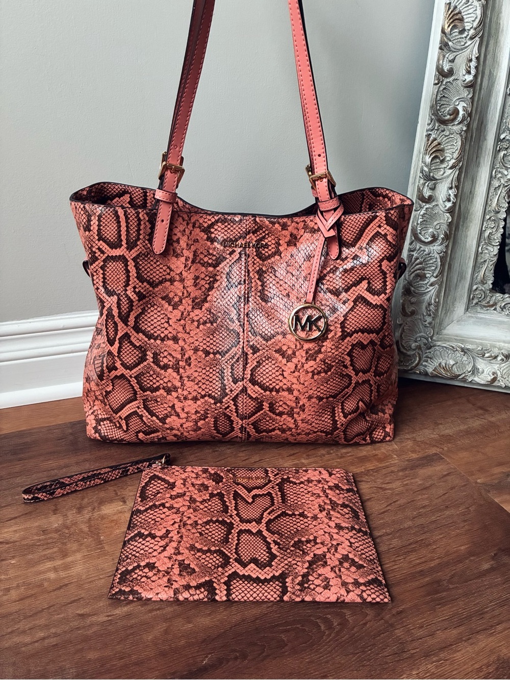 Michael Kors Snakeskin Leather Tote And Wristlet